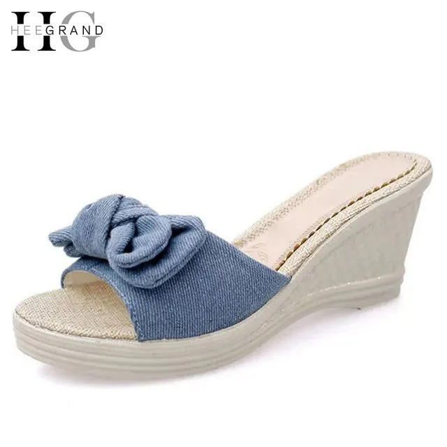 HEE GRAND Denim Wedges Sandals Summer Bowtie Creepers Platform Shoes Woman Slip On Casual Slippers Sweet Women Shoes XWT436 Huge Fuzzy Slippers
