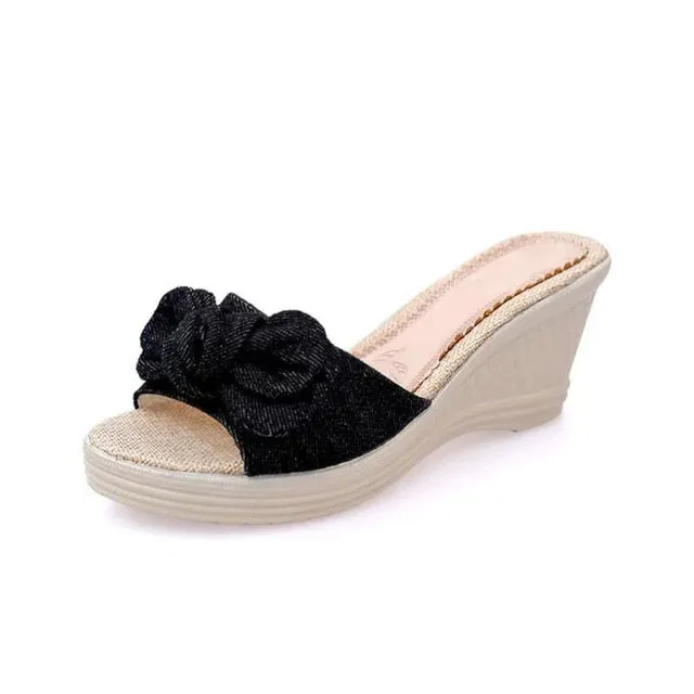 Silly House Slippers HEE GRAND Denim Wedges Sandals Summer Bowtie Creepers Platform Shoes Woman Slip On Casual Slippers Sweet Women Shoes XWT436