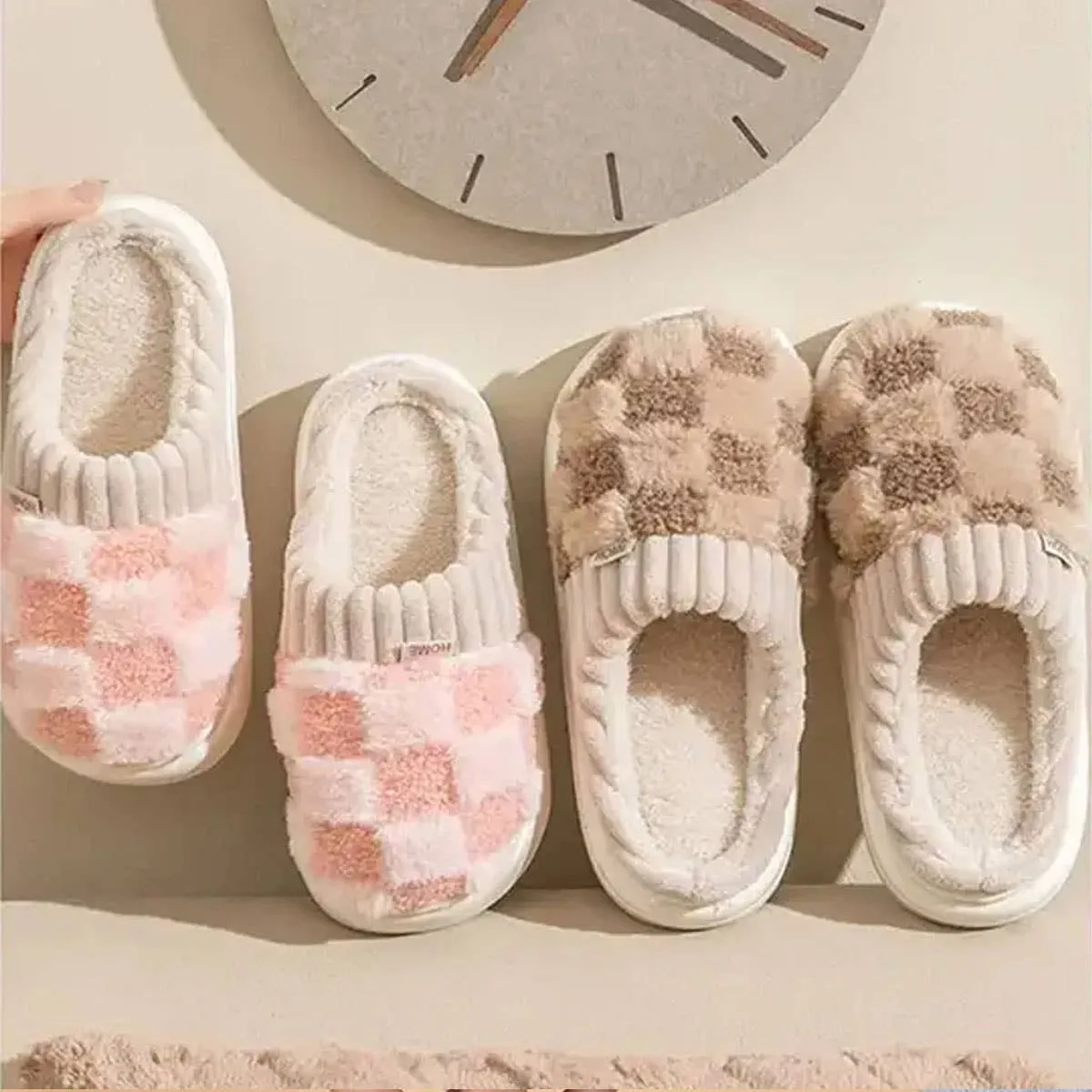 Pink Checkered Fuzzy Slippers  Cozy Indoor House Shoes for Women Shoe Like Slippers