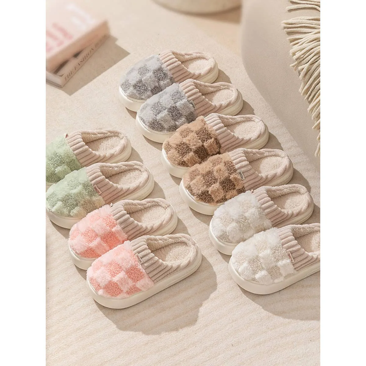 Pink Checkered Fuzzy Slippers  Cozy Indoor House Shoes for Women Food Slippers