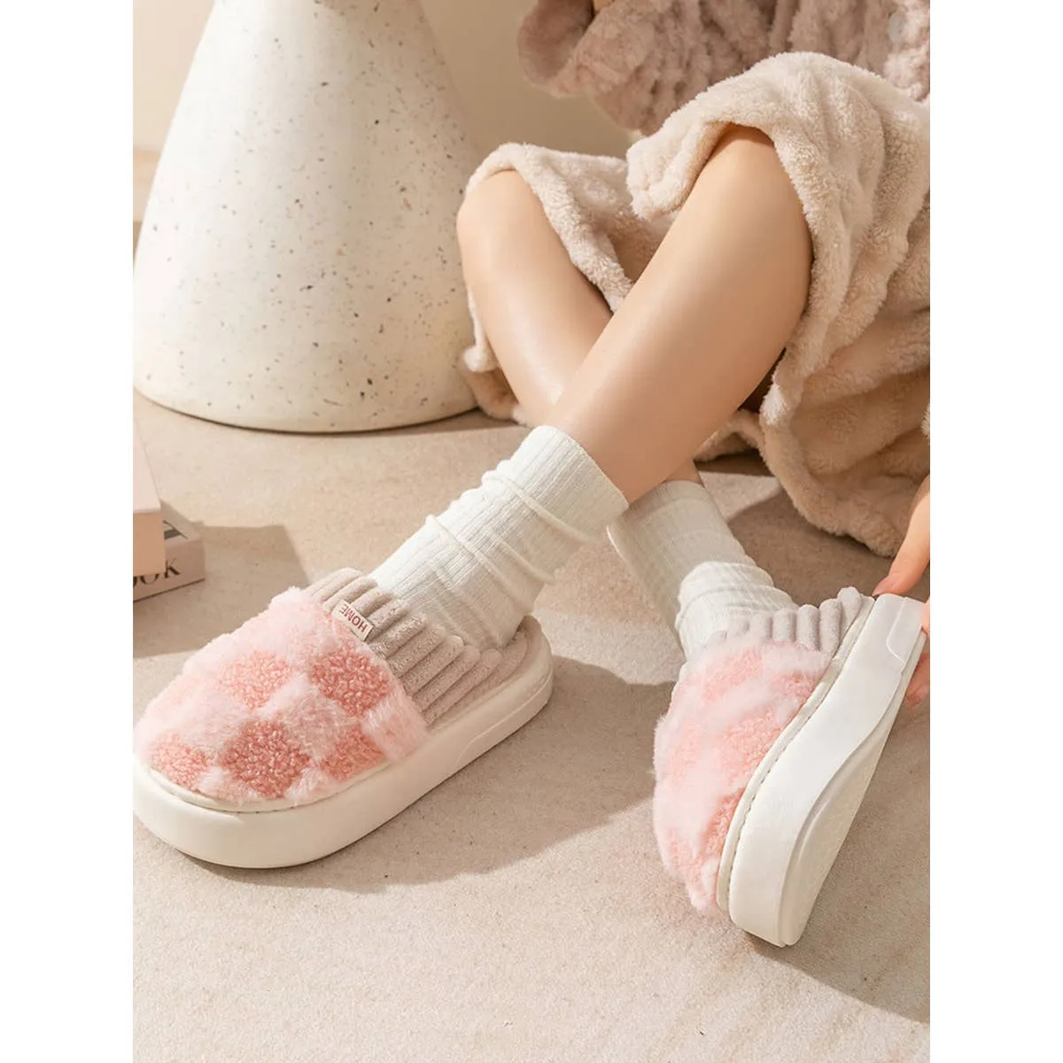 Pink Checkered Fuzzy Slippers  Cozy Indoor House Shoes for Women Essie Ballet Slippers Vs Opi Funny Bunny