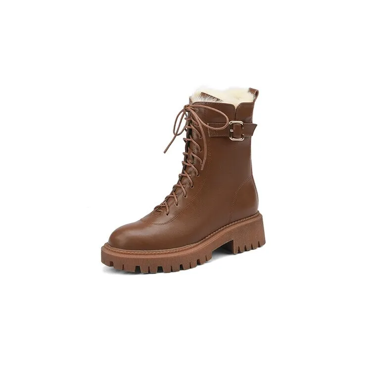 Wenkouban  fashion inspo    Winter Women Boots Round Toe Chunky Boot Women Split leather Shoes Women Thick Heel Boots Wool Blend Warm Boots Black Snow Boots Size 5.5 Snow Boots