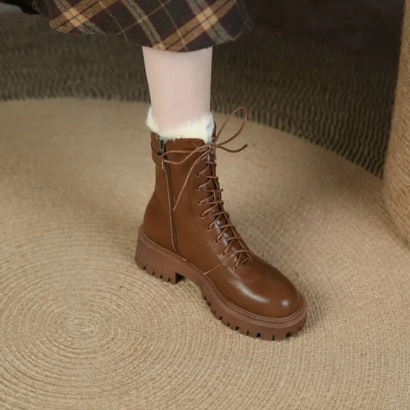 Wenkouban  fashion inspo    Winter Women Boots Round Toe Chunky Boot Women Split leather Shoes Women Thick Heel Boots Wool Blend Warm Boots Black Snow Boots Hunter Boots Good For Snow