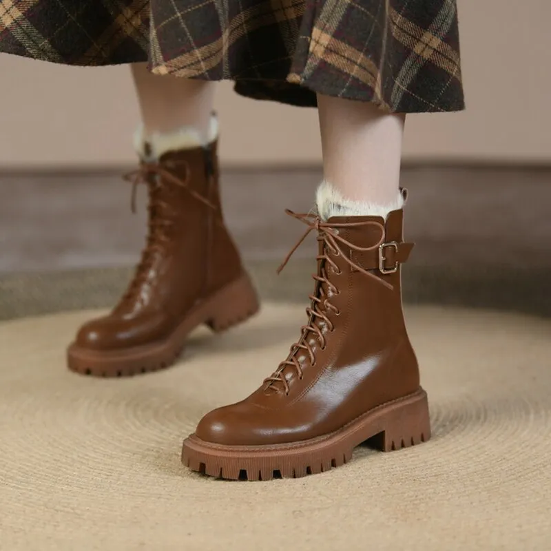 Wenkouban  fashion inspo    Winter Women Boots Round Toe Chunky Boot Women Split leather Shoes Women Thick Heel Boots Wool Blend Warm Boots Black Snow Boots Columbia Bugaboot Wide Snow Boot