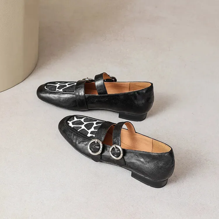 Loafers Round Toe Low Heel Shoes Genuine Leather Shoes for Women Horsehair Soft Buckle Strap Paul Green Loafers