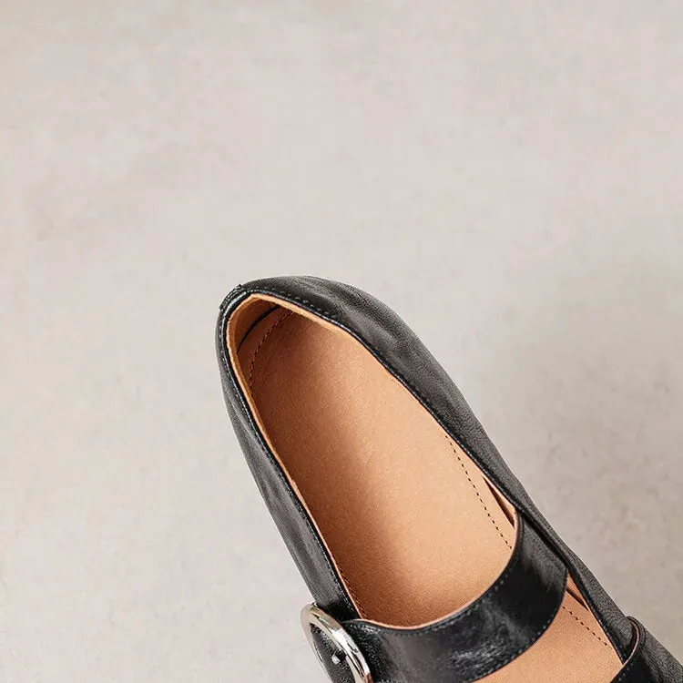 Loafers Round Toe Low Heel Shoes Genuine Leather Shoes for Women Horsehair Soft Buckle Strap Paige Loafers