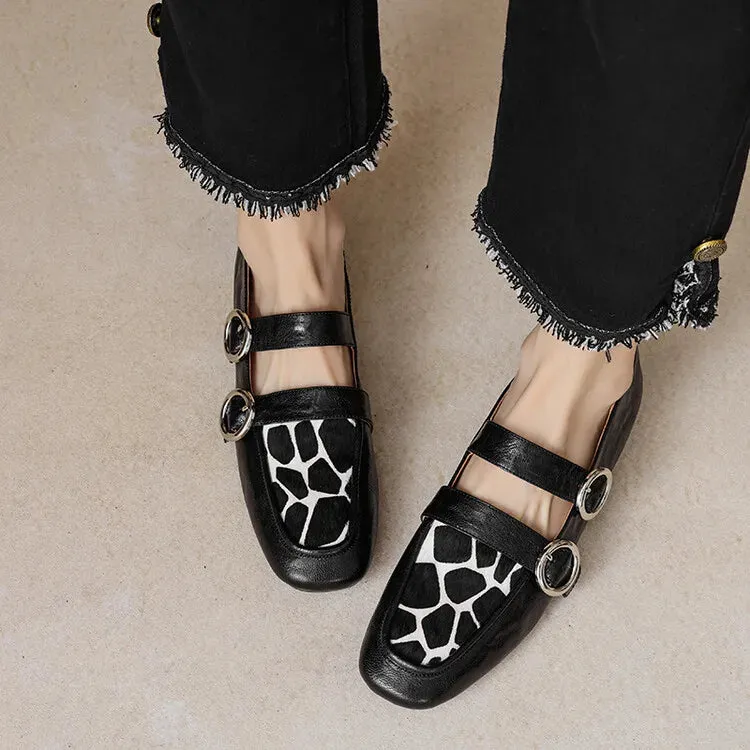 New Republic Loafers Loafers Round Toe Low Heel Shoes Genuine Leather Shoes for Women Horsehair Soft Buckle Strap