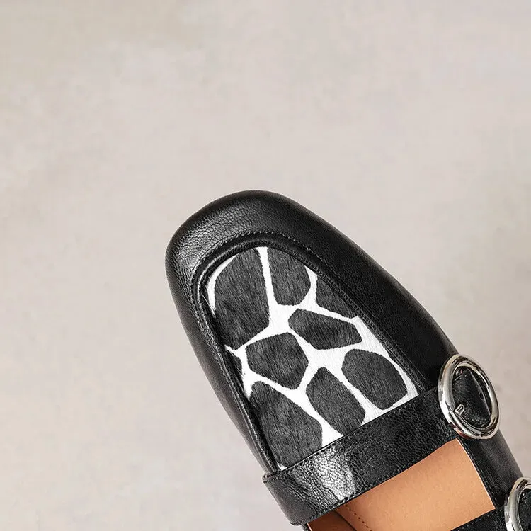 Baggy Jeans And Loafers Loafers Round Toe Low Heel Shoes Genuine Leather Shoes for Women Horsehair Soft Buckle Strap