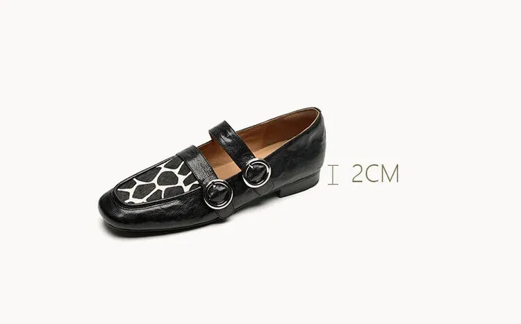 Loafers Round Toe Low Heel Shoes Genuine Leather Shoes for Women Horsehair Soft Buckle Strap Vans Shoes Loafers