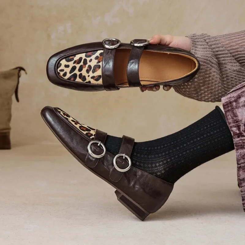 Loafers Round Toe Low Heel Shoes Genuine Leather Shoes for Women Horsehair Soft Buckle Strap Ny Loafers