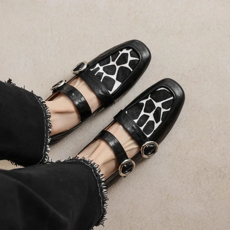 Loafers Round Toe Low Heel Shoes Genuine Leather Shoes for Women Horsehair Soft Buckle Strap Loafers Anime