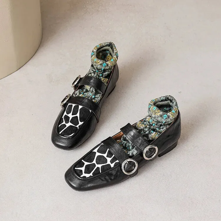 Loafers Round Toe Low Heel Shoes Genuine Leather Shoes for Women Horsehair Soft Buckle Strap Mule Loafers With Fur