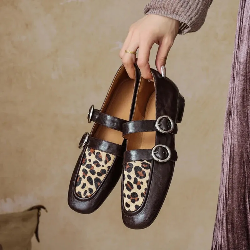 Loafers Round Toe Low Heel Shoes Genuine Leather Shoes for Women Horsehair Soft Buckle Strap Classy Loafers
