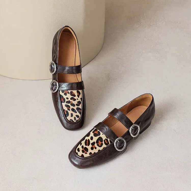 Sanctuary Loafers Loafers Round Toe Low Heel Shoes Genuine Leather Shoes for Women Horsehair Soft Buckle Strap