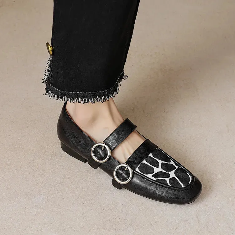 Loafers Round Toe Low Heel Shoes Genuine Leather Shoes for Women Horsehair Soft Buckle Strap Ysl Scrunch Loafers