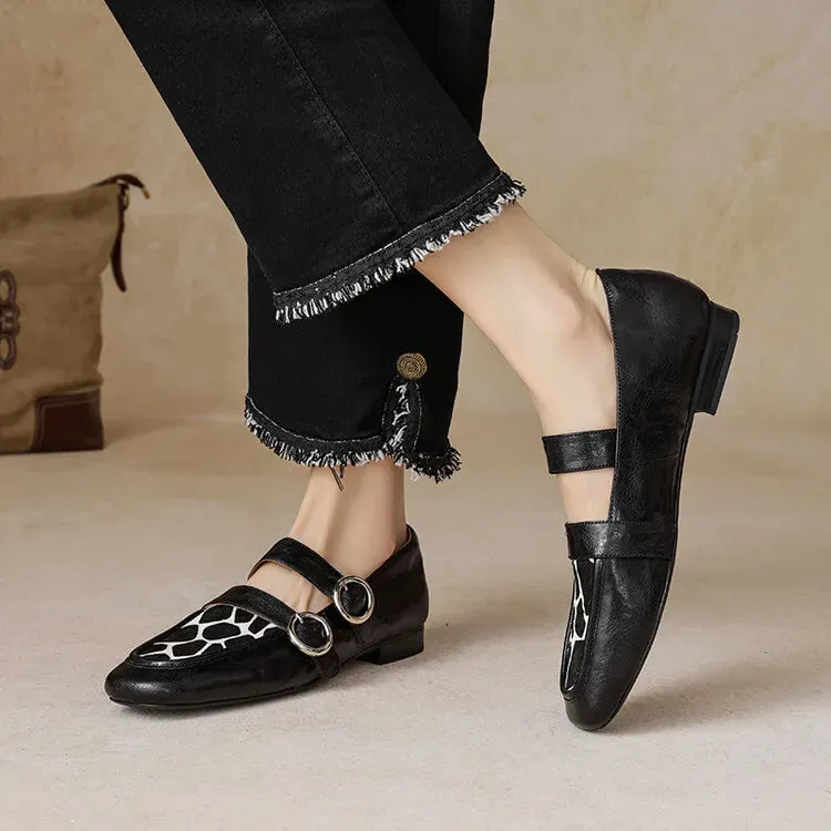 Loafers Round Toe Low Heel Shoes Genuine Leather Shoes for Women Horsehair Soft Buckle Strap Beckett Simonon Loafers