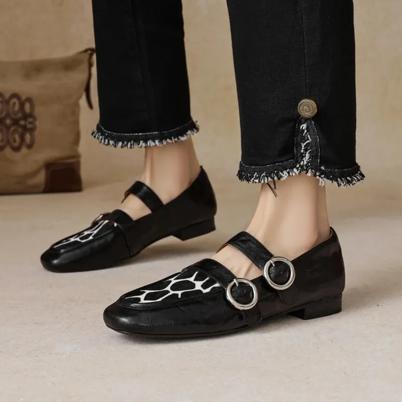 Loafers Round Toe Low Heel Shoes Genuine Leather Shoes for Women Horsehair Soft Buckle Strap Casual Leather Loafers