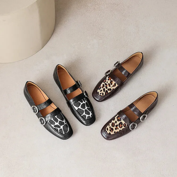 Loafers Round Toe Low Heel Shoes Genuine Leather Shoes for Women Horsehair Soft Buckle Strap Parisian Loafers