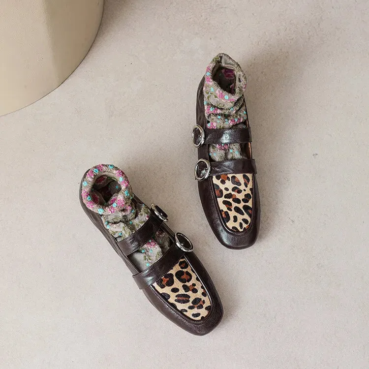 Bearpaw Loafers Loafers Round Toe Low Heel Shoes Genuine Leather Shoes for Women Horsehair Soft Buckle Strap