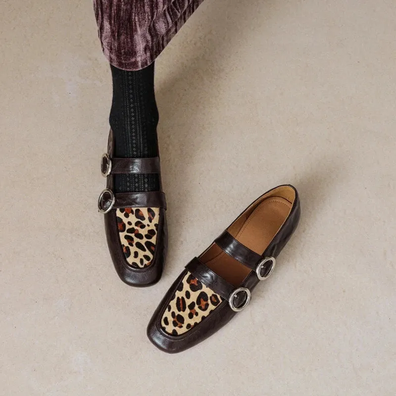 Loafers Narrow Loafers Round Toe Low Heel Shoes Genuine Leather Shoes for Women Horsehair Soft Buckle Strap