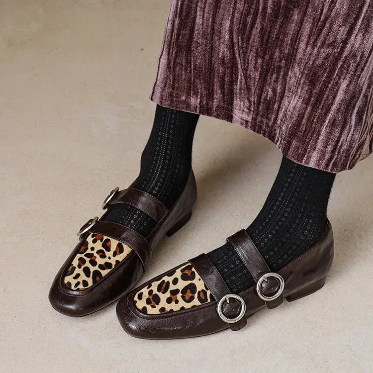 Loafers Round Toe Low Heel Shoes Genuine Leather Shoes for Women Horsehair Soft Buckle Strap Zara Platform Loafers