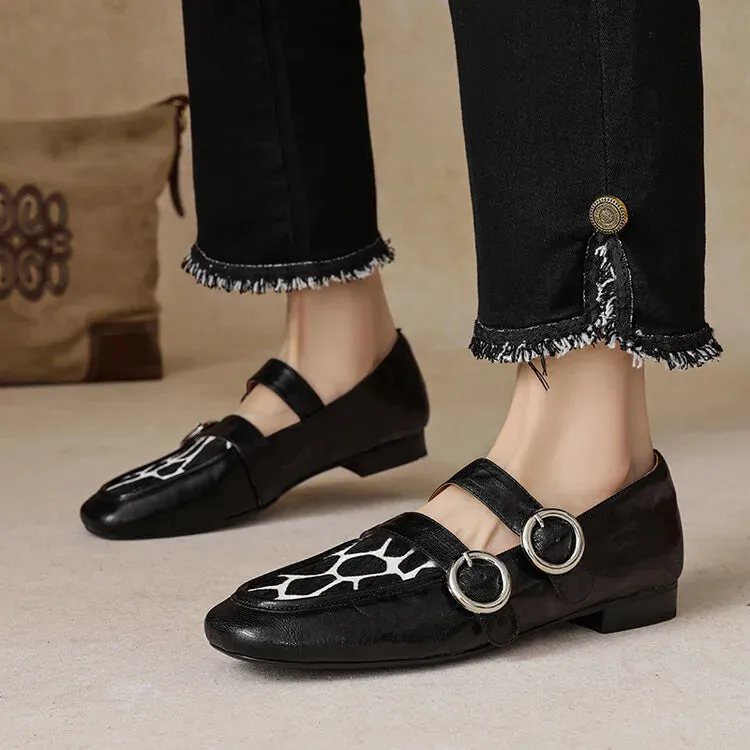 Celebrities In Loafers Loafers Round Toe Low Heel Shoes Genuine Leather Shoes for Women Horsehair Soft Buckle Strap