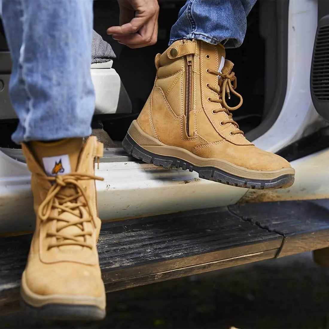 Size 5 Work Boots Mongrel 251050 High Leg Zipsider Safety Steel Toe Work Boots - Wheat