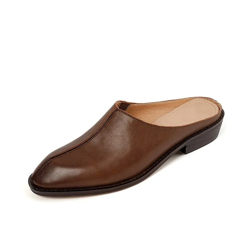 Dollar Tree Slippers Low Heels Mules Women Pumps High Quality Genuine Leather Retro Slippers Office Ladies Casual Shoes Woman Spring Summer Sandals