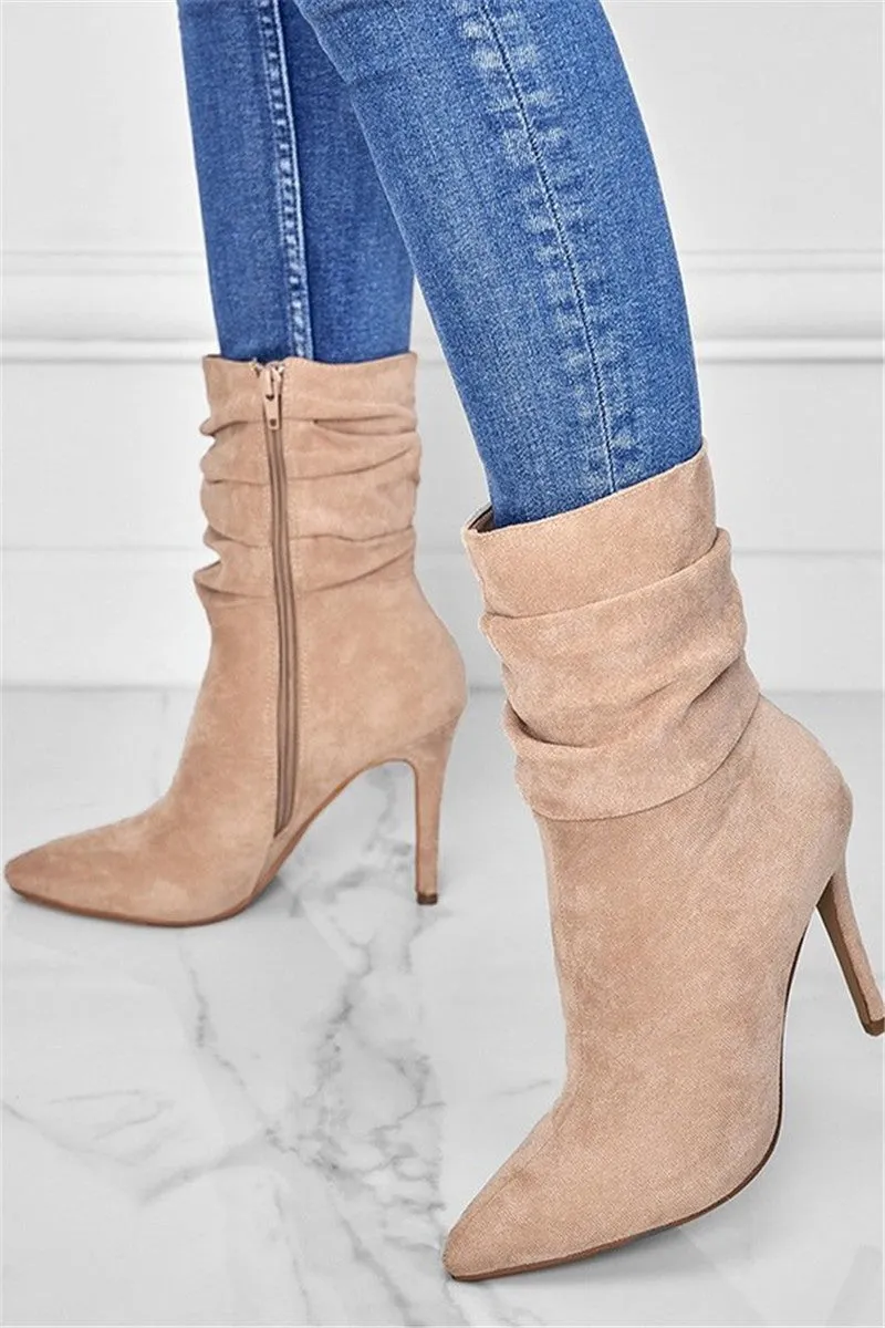 Adidas Everyday Running Shoes Ludovica Side Zipper Suede Pointy Toe High Heel Booties - Beige