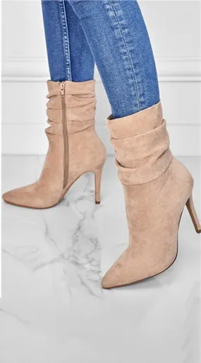 Ludovica Side Zipper Suede Pointy Toe High Heel Booties - Beige Adidas Clip In Bike Shoes