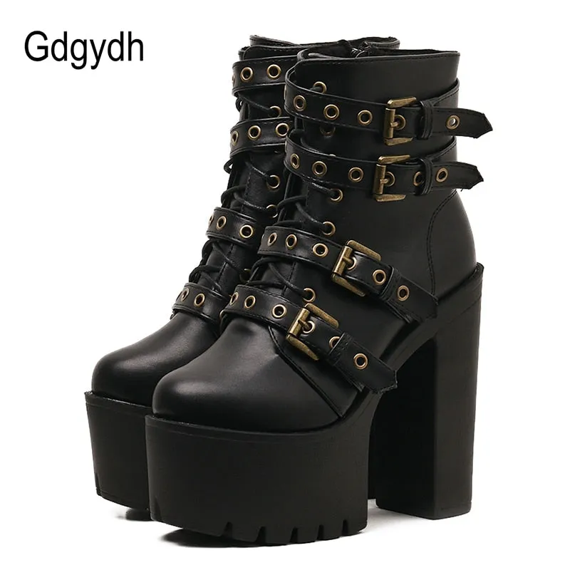 Gdgydh Sexy Rivet Black Ankle Boots Women Platform Soft Leather Autumn Winter Ladies Boots With Zipper Ultra High Heels Shoes Painted Cowboy Boots