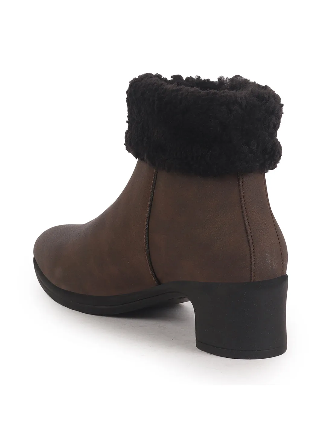 Women Brown High Ankle Flared Heel Side Zipper Winter Classic Fur Boots|Outdoor Boots|Work Boot Indoor Work Boots