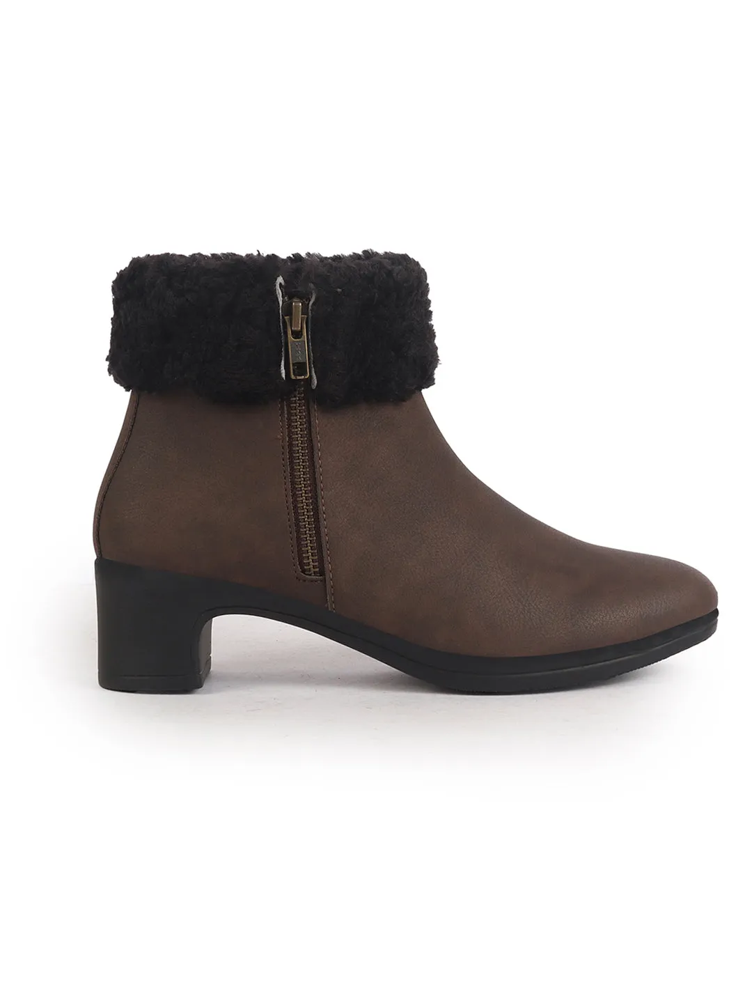 Women Brown High Ankle Flared Heel Side Zipper Winter Classic Fur Boots|Outdoor Boots|Work Boot 8 Steel Toe Work Boots