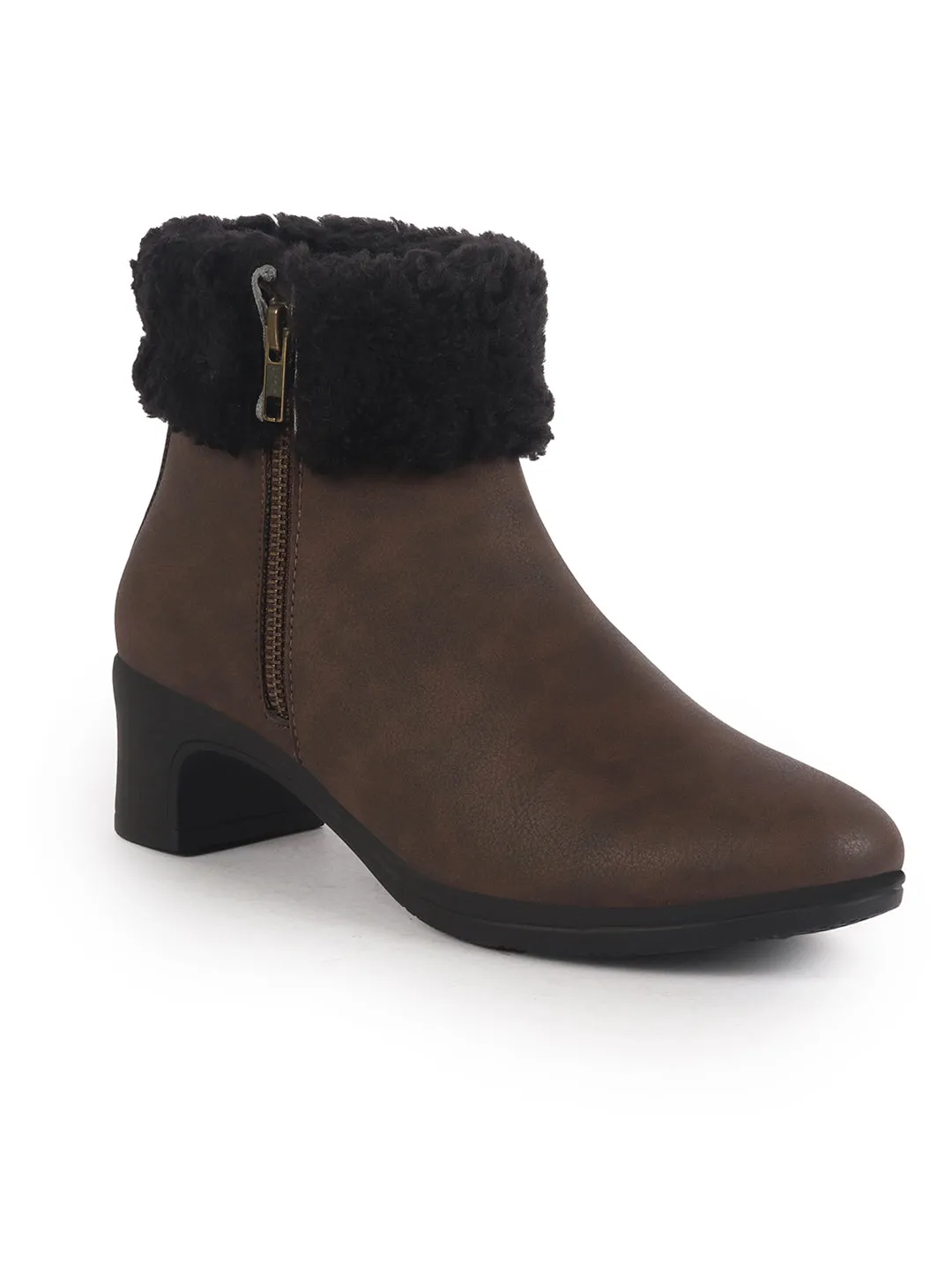 Women Brown High Ankle Flared Heel Side Zipper Winter Classic Fur Boots|Outdoor Boots|Work Boot Low Cut Work Boots