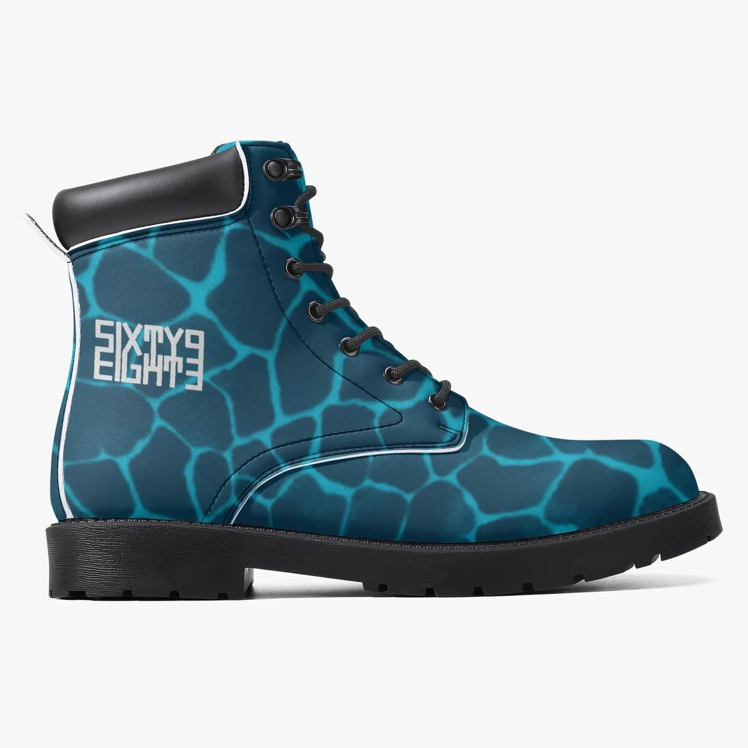 Sixty Eight 93 Logo White Boa Dark Teal Aqua Blue Leather Boots Embroidered Adidas Shoes