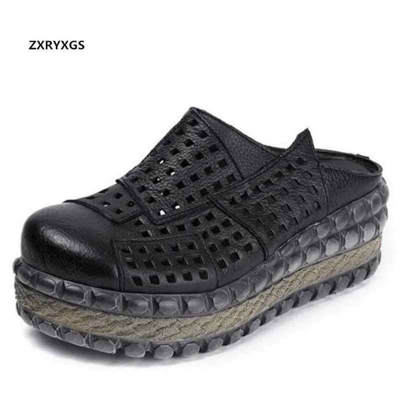 New Hollow Cowhide Retro Summer Leather Slippers Women Shoes High Heel Sandals 2022 Summer Women Sandals Platform Wedges Slippers Easy Crochet Slippers Free Pattern Pdf