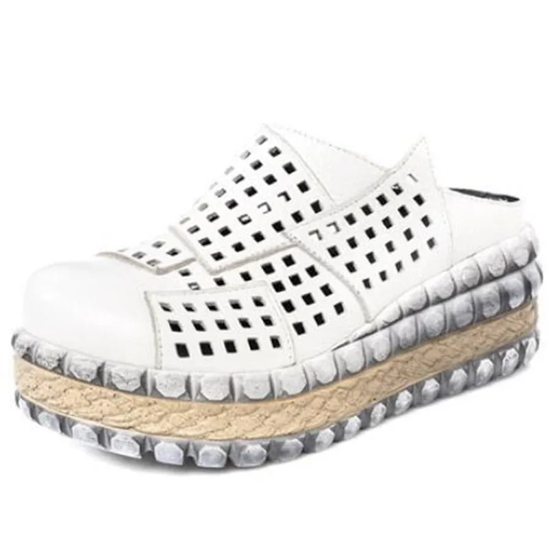 New Hollow Cowhide Retro Summer Leather Slippers Women Shoes High Heel Sandals 2022 Summer Women Sandals Platform Wedges Slippers Ariat Slippers Nearby