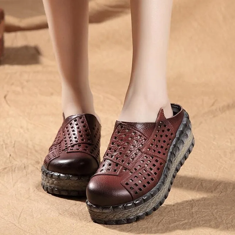 New Hollow Cowhide Retro Summer Leather Slippers Women Shoes High Heel Sandals 2022 Summer Women Sandals Platform Wedges Slippers Tigger Slippers