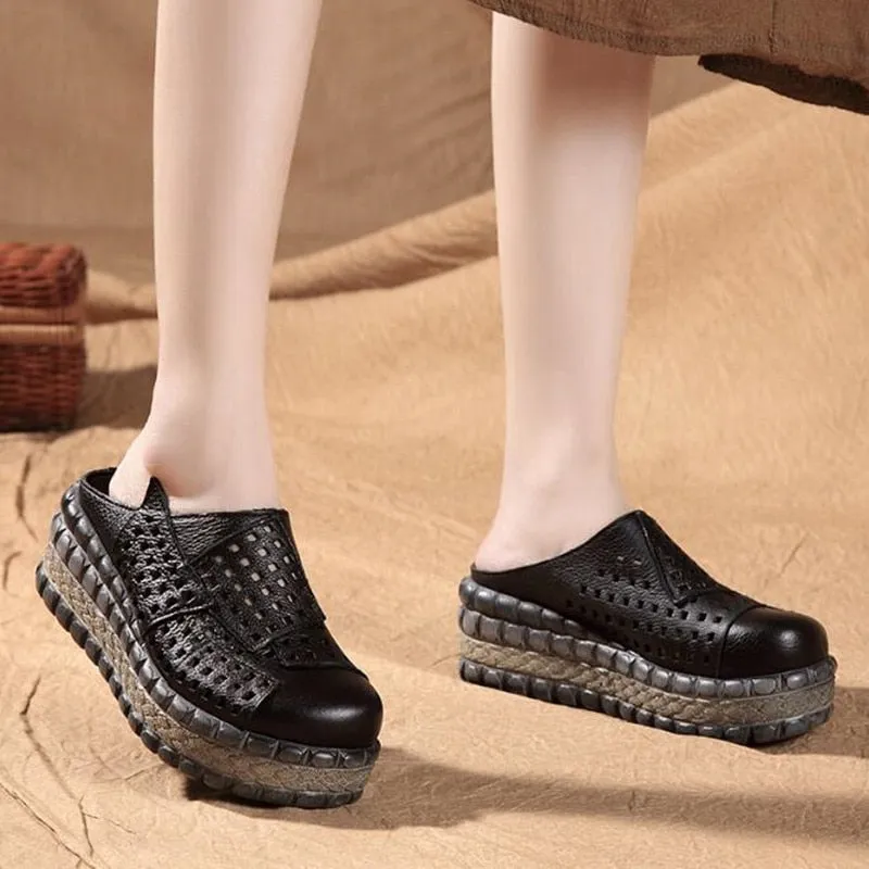 New Hollow Cowhide Retro Summer Leather Slippers Women Shoes High Heel Sandals 2022 Summer Women Sandals Platform Wedges Slippers Ballet Slippers Shoes