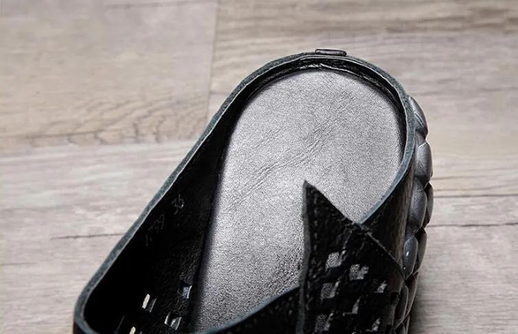 New Hollow Cowhide Retro Summer Leather Slippers Women Shoes High Heel Sandals 2022 Summer Women Sandals Platform Wedges Slippers Turd Emoji Slippers