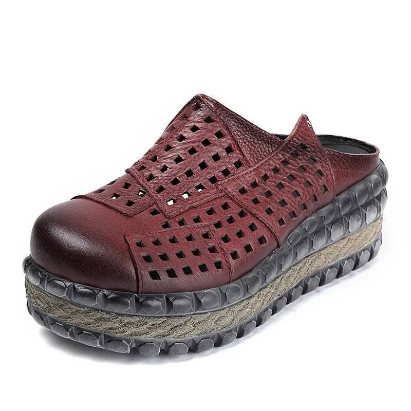 Maeve Slippers New Hollow Cowhide Retro Summer Leather Slippers Women Shoes High Heel Sandals 2022 Summer Women Sandals Platform Wedges Slippers