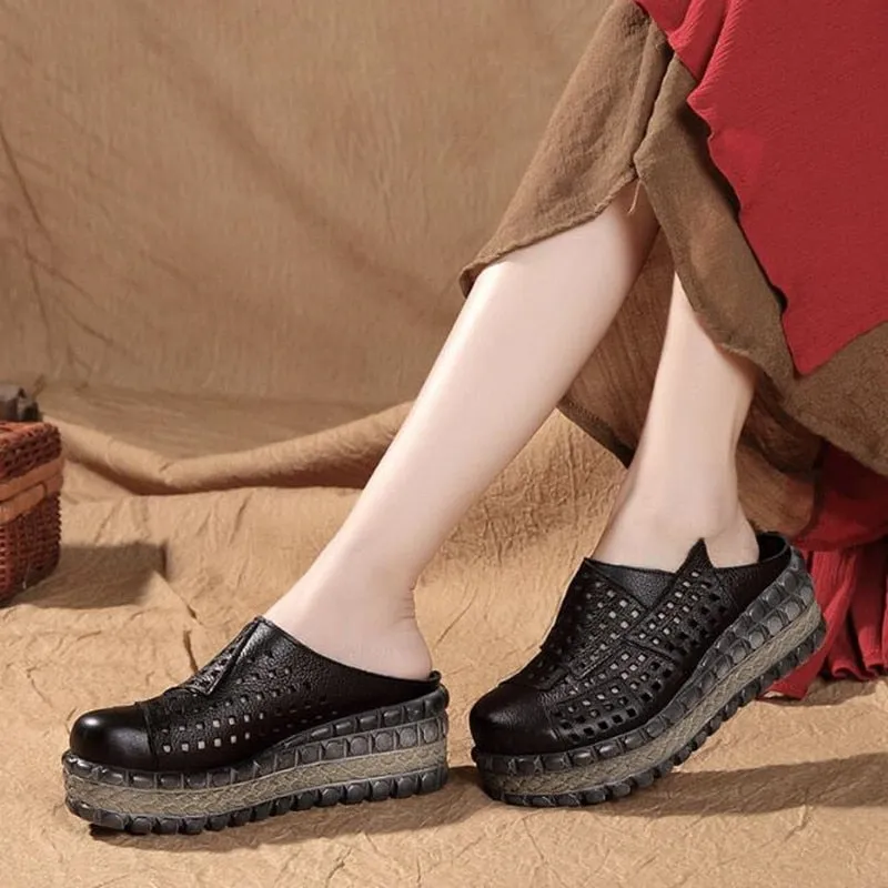 New Hollow Cowhide Retro Summer Leather Slippers Women Shoes High Heel Sandals 2022 Summer Women Sandals Platform Wedges Slippers Orthaheel Slippers