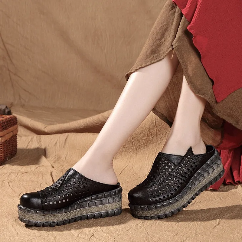 New Hollow Cowhide Retro Summer Leather Slippers Women Shoes High Heel Sandals 2022 Summer Women Sandals Platform Wedges Slippers Slippers Dti Code