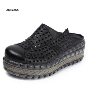 Easy Knitted Slippers New Hollow Cowhide Retro Summer Leather Slippers Women Shoes High Heel Sandals 2022 Summer Women Sandals Platform Wedges Slippers