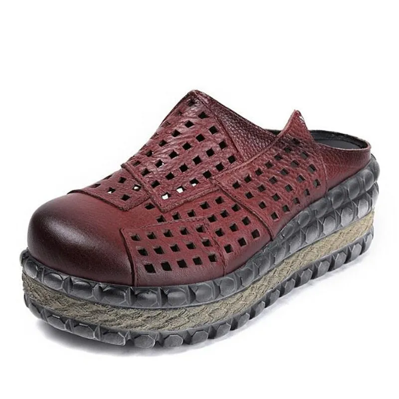 New Hollow Cowhide Retro Summer Leather Slippers Women Shoes High Heel Sandals 2022 Summer Women Sandals Platform Wedges Slippers Slippers Macys