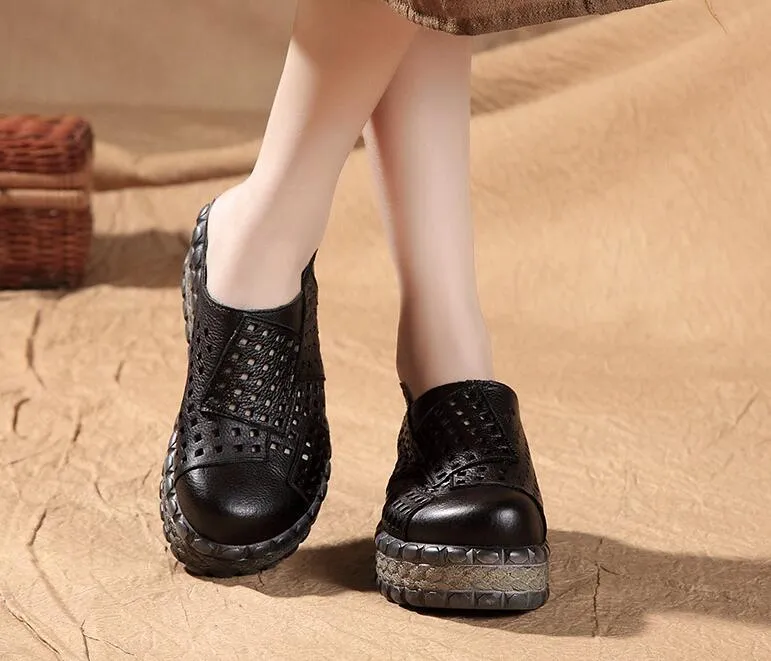 New Hollow Cowhide Retro Summer Leather Slippers Women Shoes High Heel Sandals 2022 Summer Women Sandals Platform Wedges Slippers Cowboy Boots Slippers