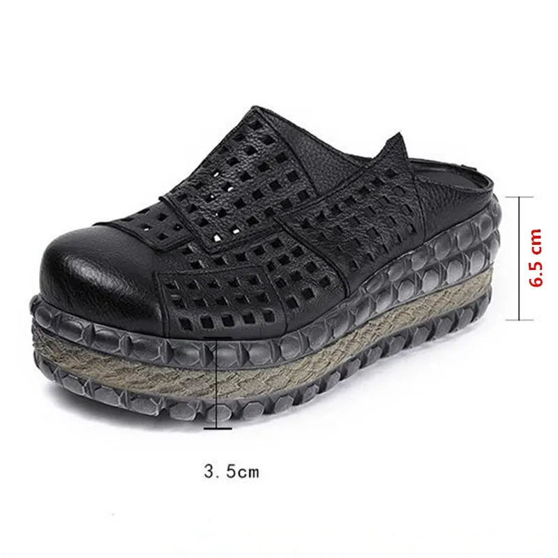 New Hollow Cowhide Retro Summer Leather Slippers Women Shoes High Heel Sandals 2022 Summer Women Sandals Platform Wedges Slippers Shearling Slippers