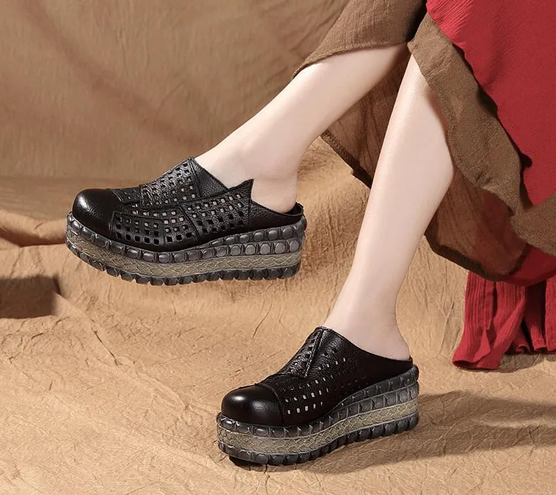 New Hollow Cowhide Retro Summer Leather Slippers Women Shoes High Heel Sandals 2022 Summer Women Sandals Platform Wedges Slippers Gemma Slippers