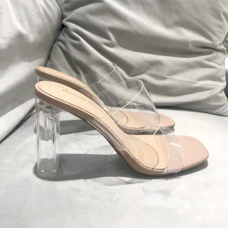 Summer Women Pumps Sandals PVC Jelly Slippers Open Toe High Heels Women Transparent Perspex Slippers Shoes Heel Clear Sandals Slippers Sand