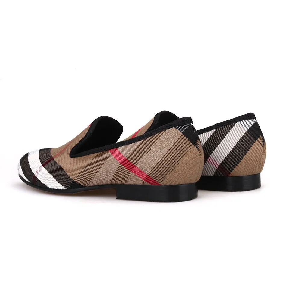 Polka Dot Loafers OneDrop Handmade Dress Shoes Blue White Plaid Canvas Men Leather Insole Wedding Party Prom Loafers